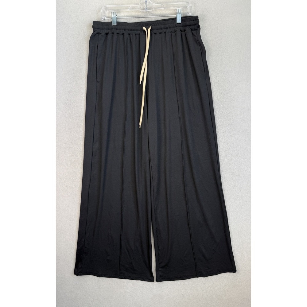 Cider Women's Plus Sz 1XL Black Wide Leg Boho Drawstrings Pull On Pants
